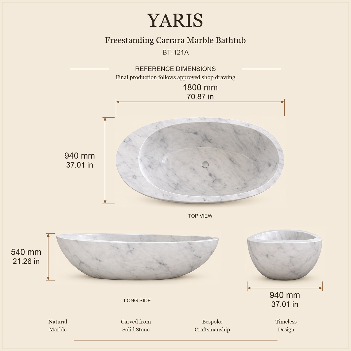 Yaris BT-121A Carrara Marble bathtub dimensions: 1800 x 940 x 540 mm (70.87 x 37.01 x 21.26 in), top, long side and end views.