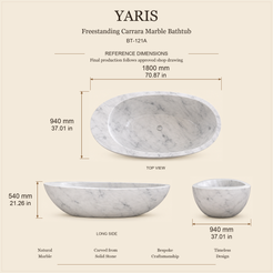 Yaris BT-121A Carrara Marble bathtub dimensions: 1800 x 940 x 540 mm (70.87 x 37.01 x 21.26 in), top, long side and end views.