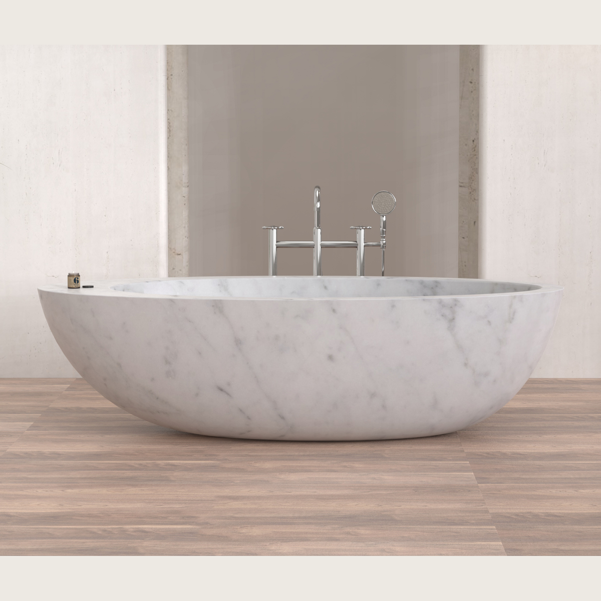 Yaris BT-121A Carrara White Marble bathtub, original product reference view; source photograph reframed without changing the stone, rim or silhouette
