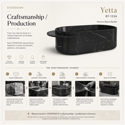 OIXDESIGN representative Yetta BT-123A Portoro Black Marble craftsmanship and production reference showing solid stone block preparation, carving, shaping, hand finishing and quality control