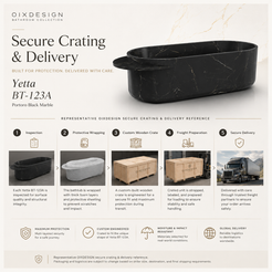 OIXDESIGN representative Yetta BT-123A Portoro Black Marble secure crating and delivery preparation reference showing protective wrapping, custom wooden crating and freight preparation