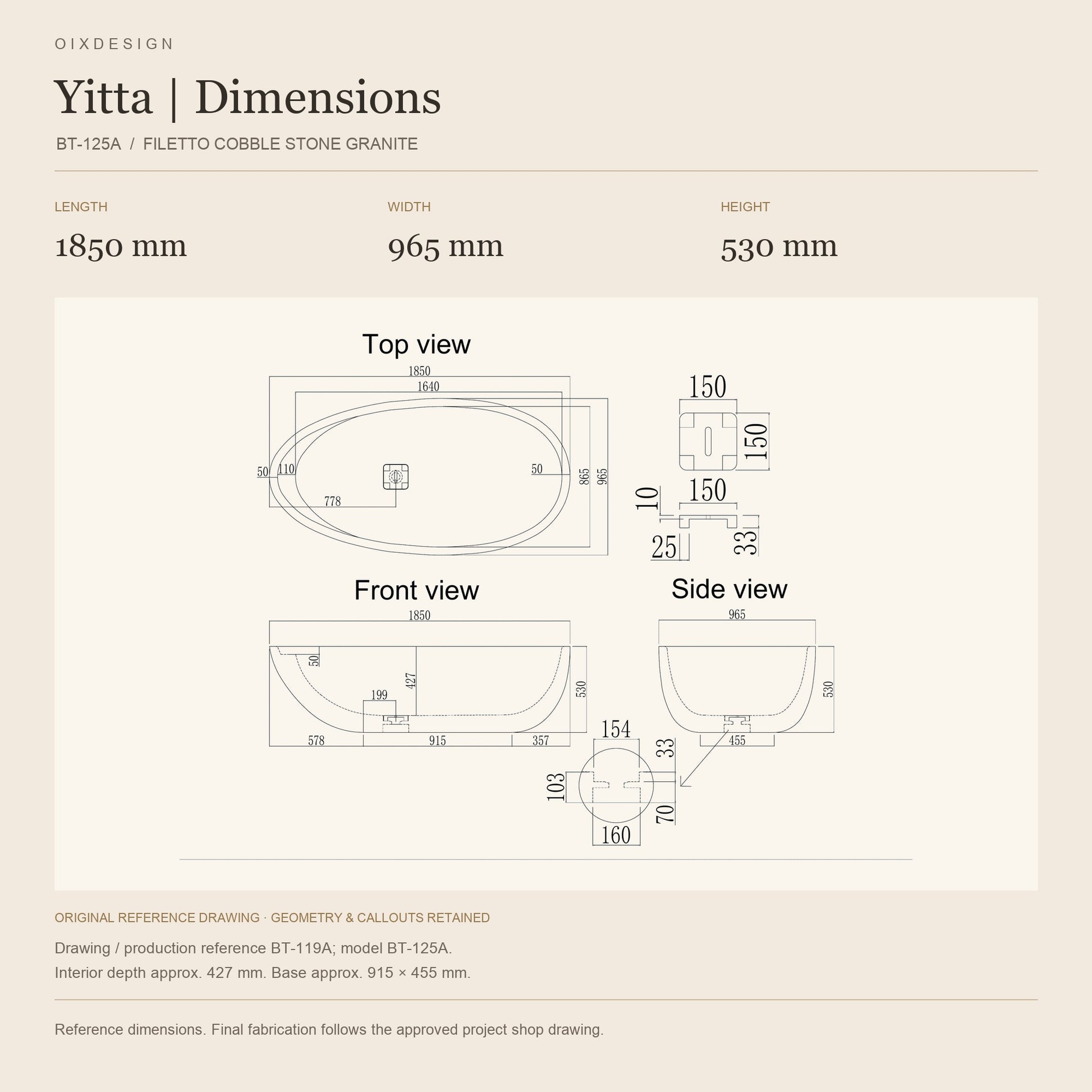Yitta BT-125A Filetto Cobble Stone Granite bathtub reference dimensions: 1850 mm × 965 mm × 530 mm, shown in a warm ivory technical layout