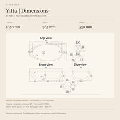 Yitta BT-125A Filetto Cobble Stone Granite bathtub reference dimensions: 1850 mm × 965 mm × 530 mm, shown in a warm ivory technical layout