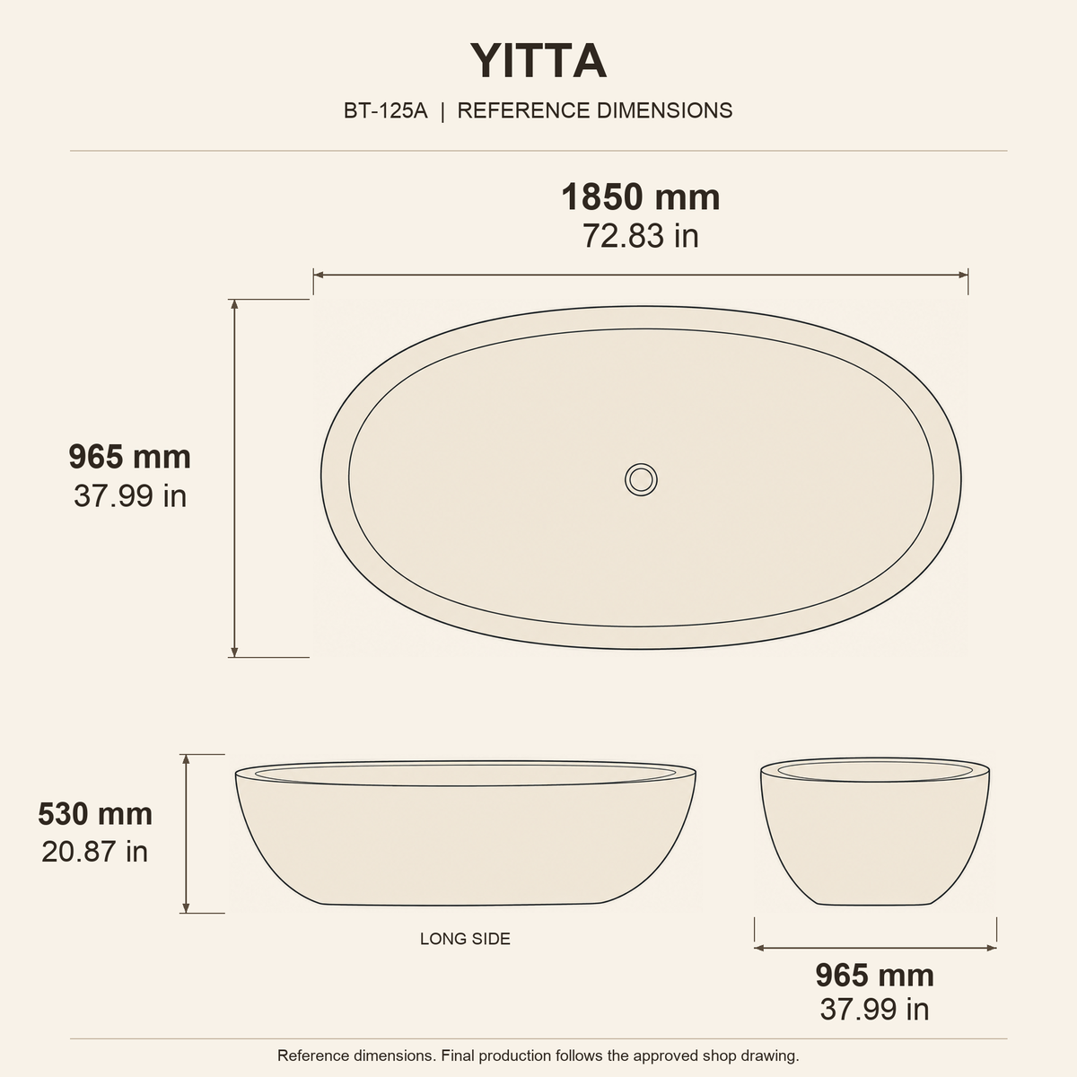 Yitta Freestanding Filetto Cobble Stone Granite Soaking Bathtub reference dimension drawing with top, long-side and short-end views, measurements in millimetres and inches.