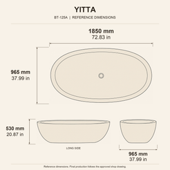 Yitta Freestanding Filetto Cobble Stone Granite Soaking Bathtub reference dimension drawing with top, long-side and short-end views, measurements in millimetres and inches.