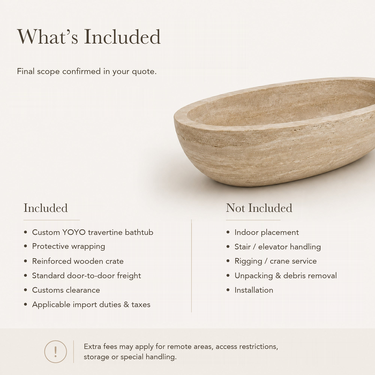 YOYO Travertine bathtub reference price inclusions and services not included in standard delivery