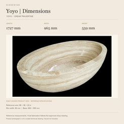 Yoyo YOYO Cream Travertine bathtub reference dimensions: length 1727 mm, width 965 mm, height 559 mm; actual-source product image in a warm ivory specification layout