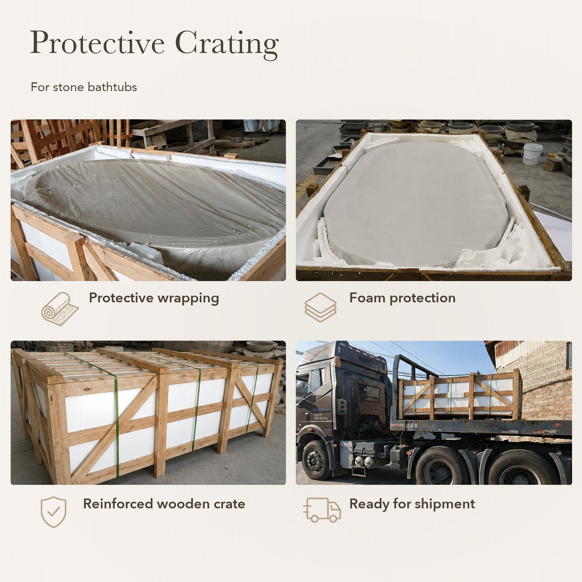 Stone bathtub packing — protective wrapping, foam protection, reinforced wooden crate and ready for shipment.