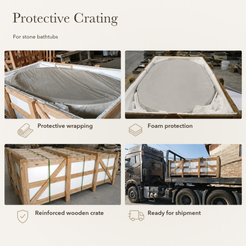 Stone bathtub packing — protective wrapping, foam protection, reinforced wooden crate and ready for shipment.