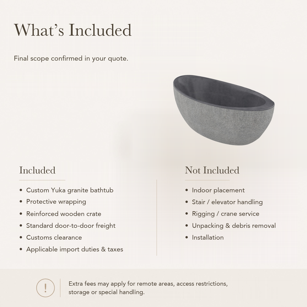 Yuka Absolute Black Granite bathtub — what’s included and not included; quote-confirmed freight scope and possible extra fees.