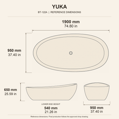 Yuka Freestanding Absolute Black Granite Soaking Bathtub reference dimension drawing with top, long-side and short-end views, measurements in millimetres and inches.