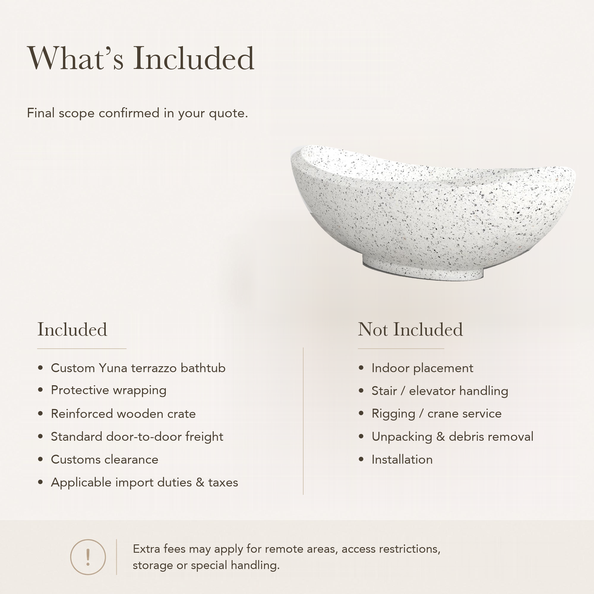 Yuna Freestanding Alba White Terrazzo Soaking Bathtub — What’s Included in the Reference Price.