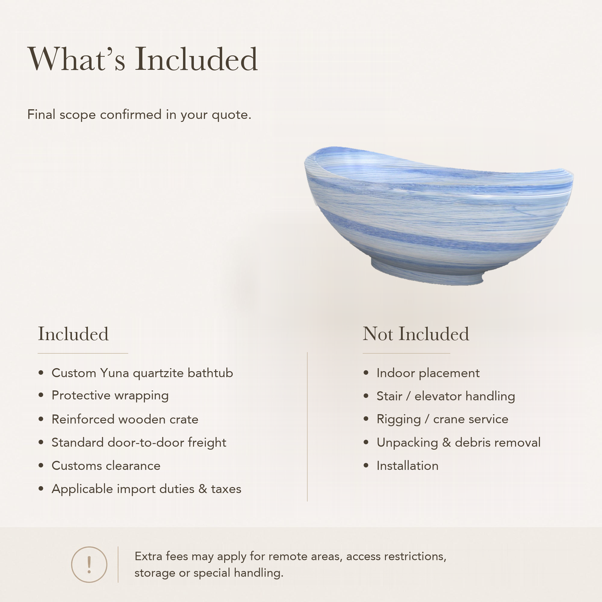 Yuna Freestanding Azura Blue Quartzite Soaking Bathtub — What’s Included in the Reference Price.