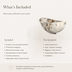 Yuna Freestanding Pandora Blanc Quartzite Soaking Bathtub — What’s Included in the Reference Price.