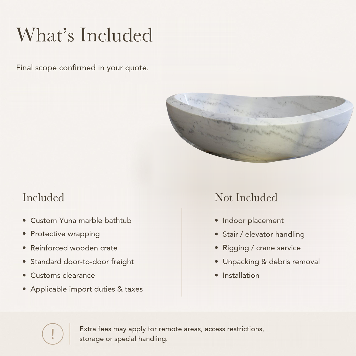 Yuna Freestanding Ivory Cloud Marble Soaking Bathtub — What’s Included in the Reference Price.