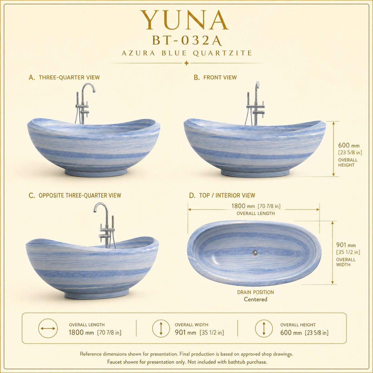 Yuna Freestanding Azura Blue Quartzite Soaking Bathtub premium reference dimension slide using the exact supplied drawing and product view; measurements retained unchanged
