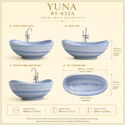Yuna Freestanding Azura Blue Quartzite Soaking Bathtub premium reference dimension slide using the exact supplied drawing and product view; measurements retained unchanged