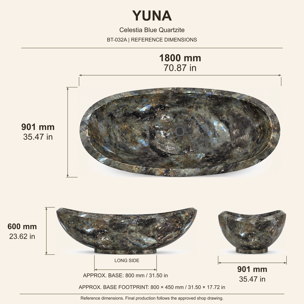 Yuna Freestanding Celestia Blue Quartzite Soaking Bathtub reference dimensions: 1800 x 901 x 600 mm, with matching top, long-side and end views; measurements in millimetres and inches.