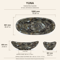 Yuna Freestanding Celestia Blue Quartzite Soaking Bathtub reference dimensions: 1800 x 901 x 600 mm, with matching top, long-side and end views; measurements in millimetres and inches.