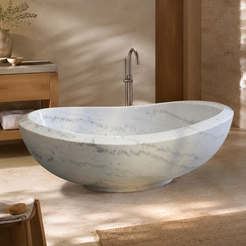 Yuna Freestanding Ivory Cloud Marble Soaking Bathtub in a warm ivory-limestone luxury bathroom; exact product geometry and material preserved