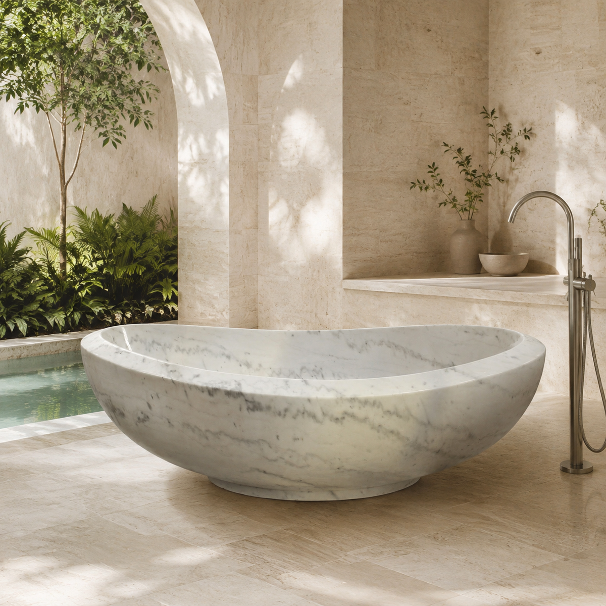 Yuna Freestanding Ivory Cloud Marble Soaking Bathtub in a bright serene courtyard spa bathroom; exact product geometry and material preserved