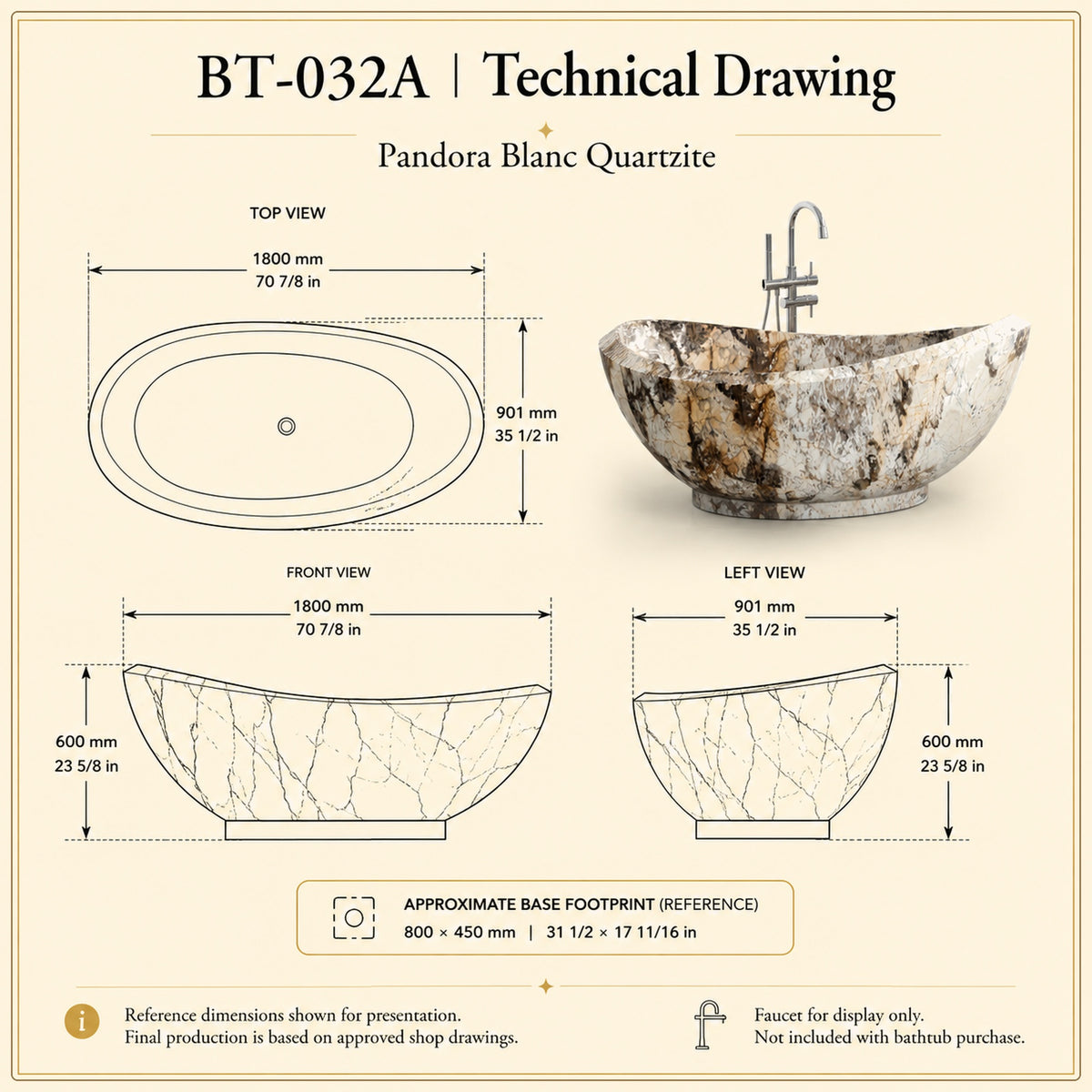 Yuna Freestanding Pandora Blanc Quartzite Soaking Bathtub premium reference dimension slide using the exact supplied drawing and product view; measurements retained unchanged