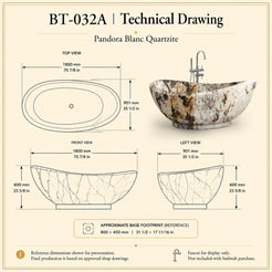 Yuna Freestanding Pandora Blanc Quartzite Soaking Bathtub premium reference dimension slide using the exact supplied drawing and product view; measurements retained unchanged