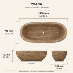 YVANA Brown Travertine Hand-Carved Freestanding Bathtub reference dimension drawing with top, long-side and short-end views, measurements in millimetres and inches.