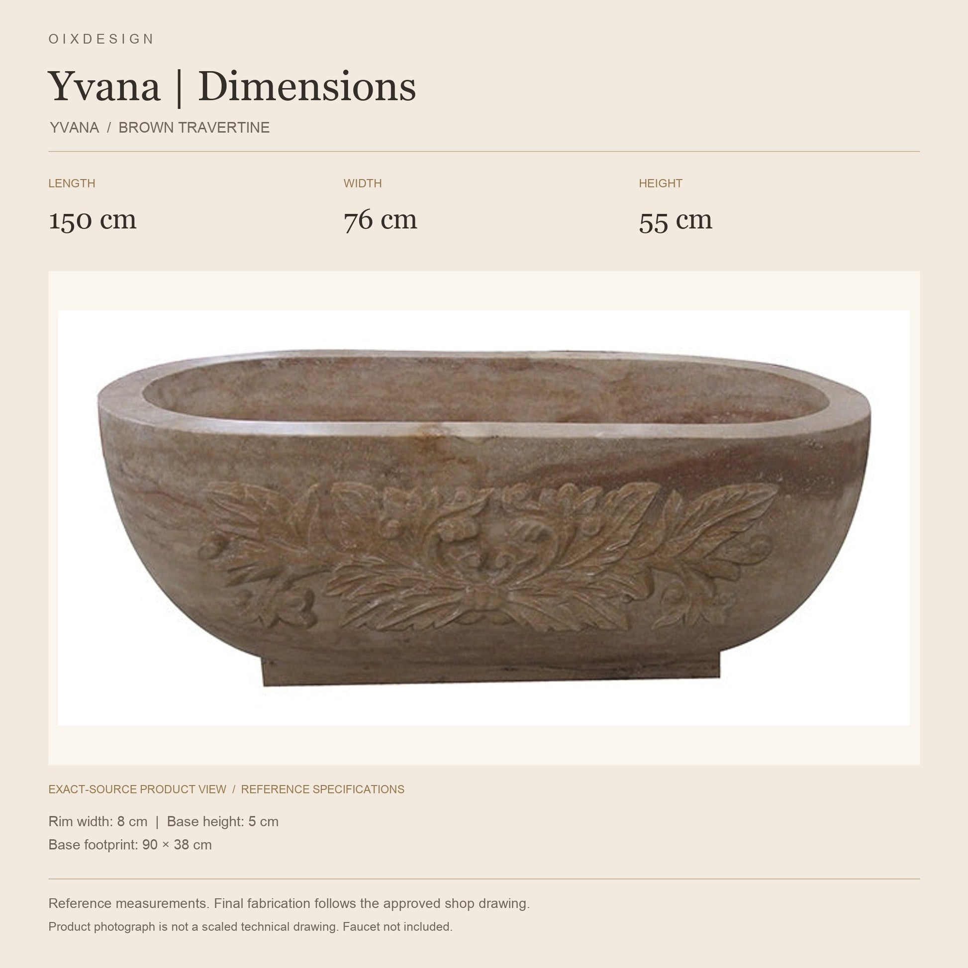 Yvana YVANA Brown Travertine bathtub reference dimensions: length 150 cm, width 76 cm, height 55 cm; actual-source product image in a warm ivory specification layout