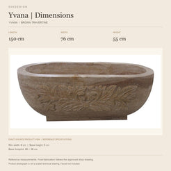 Yvana YVANA Brown Travertine bathtub reference dimensions: length 150 cm, width 76 cm, height 55 cm; actual-source product image in a warm ivory specification layout
