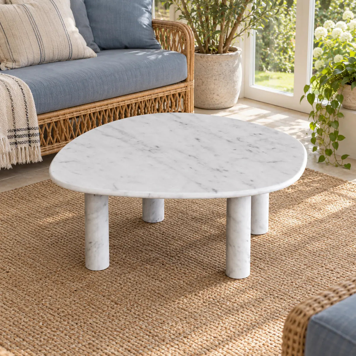 Elevated view of the ZenPebble Carrara marble coffee table in a garden-facing sunroom, showing its softly curved square top and cylindrical stone legs.