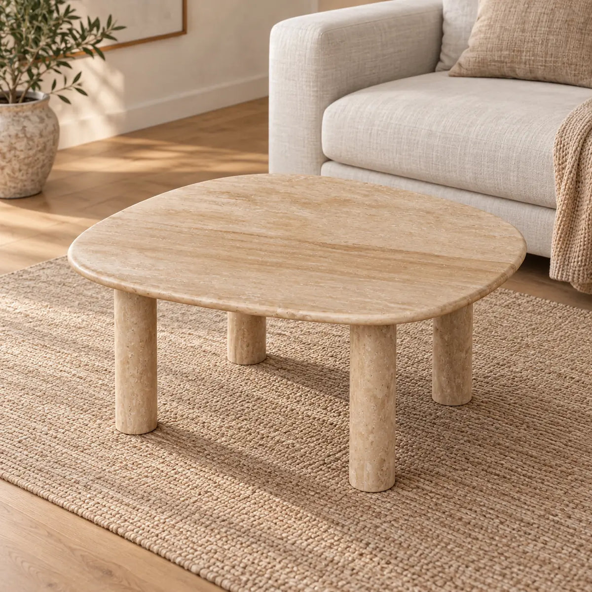 Moderate oblique view of the ZenPebble Classico travertine coffee table in a linen-sofa living room, showing its gently rounded top and four cylindrical supports.