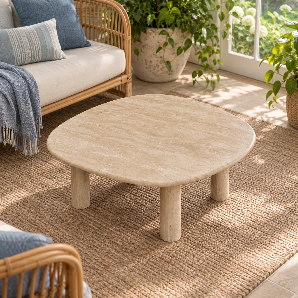 Elevated view of the ZenPebble Classico travertine coffee table in a garden-facing sunroom, showing its soft-square stone top and four cylindrical legs.