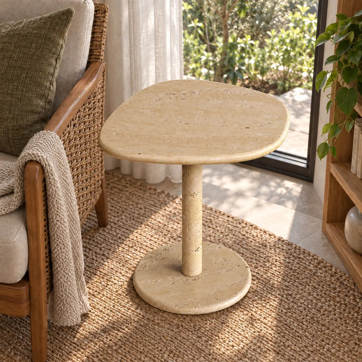 Elevated view of the ZenPebble travertine side table in a garden-facing reading nook.